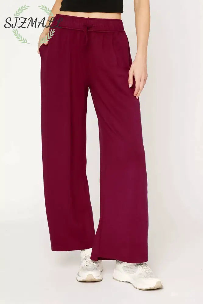 Elastic Drawstring Waistband Wide Leg Pants - MERLOT / S