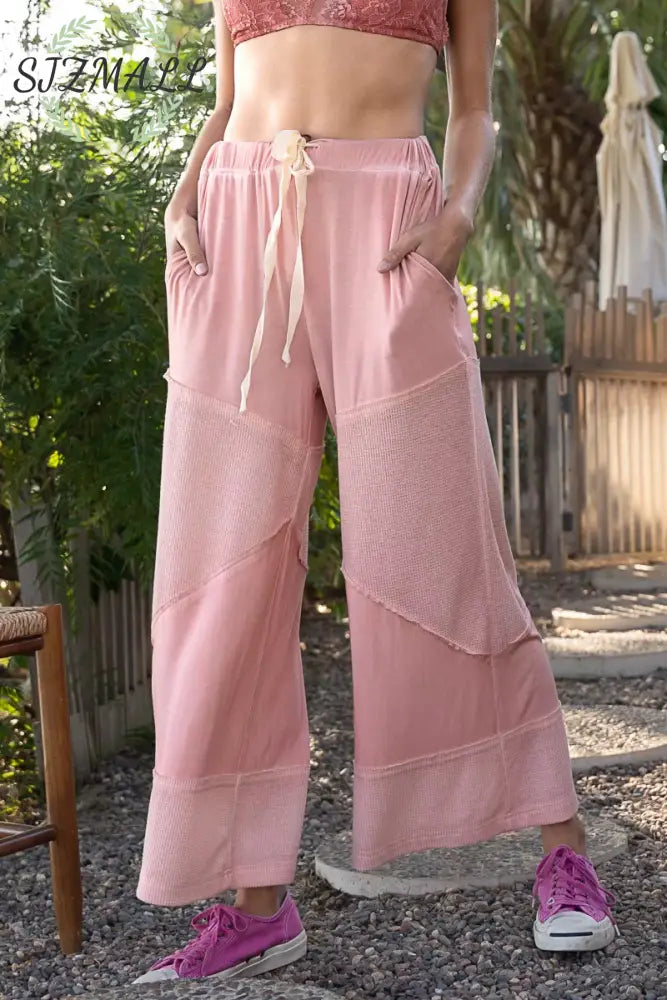 Elastic Waistband Wide Leg Pants with Drawstring