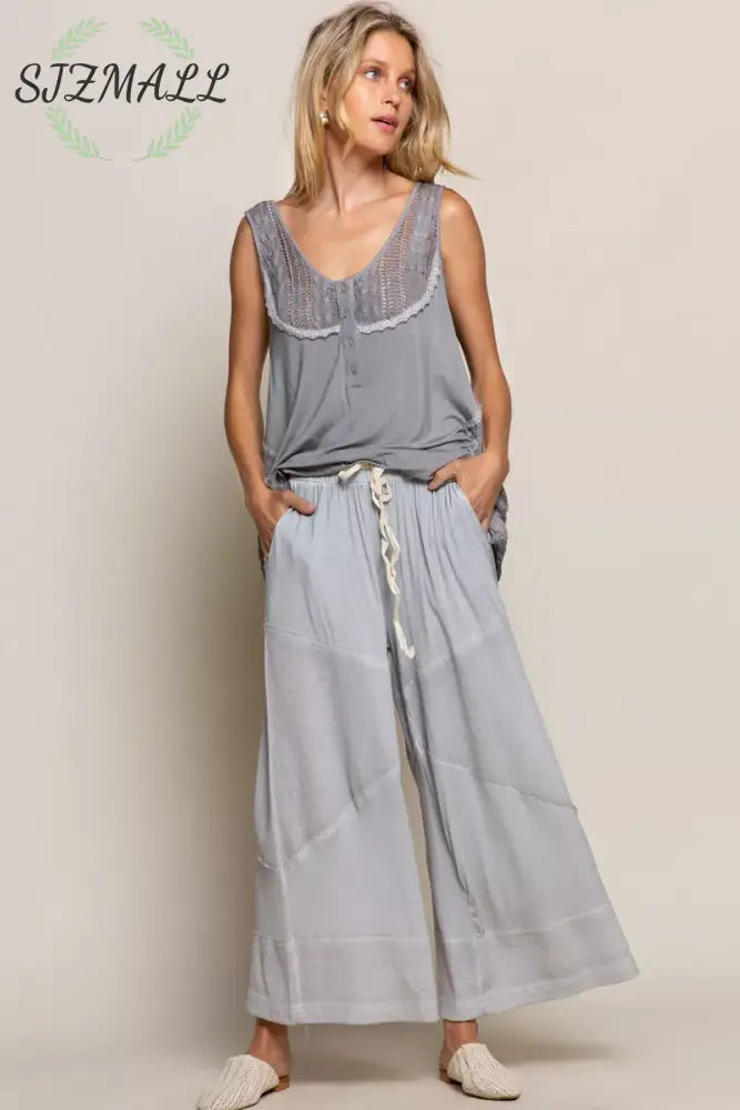 Elastic Waistband Wide Leg Pants with Drawstring