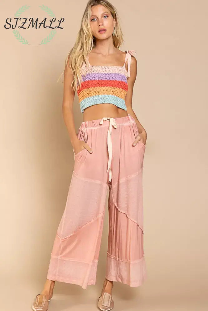 Elastic Waistband Wide Leg Pants with Drawstring