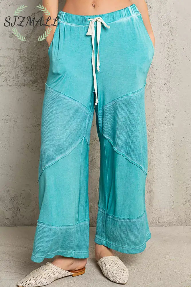 Elastic Waistband Wide Leg Pants with Drawstring - AQUA GREEN / S/M