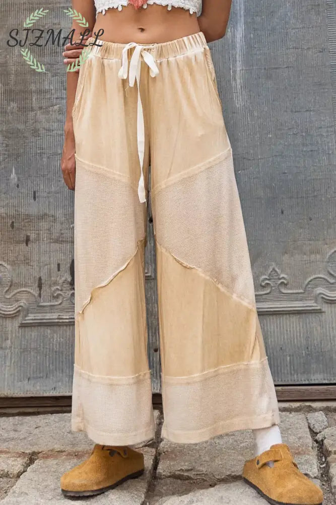 Elastic Waistband Wide Leg Pants with Drawstring - CORN SOUP / S/M
