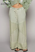 Elastic Waistband Wide Leg Pants with Drawstring - DESERT SAGE / S/M