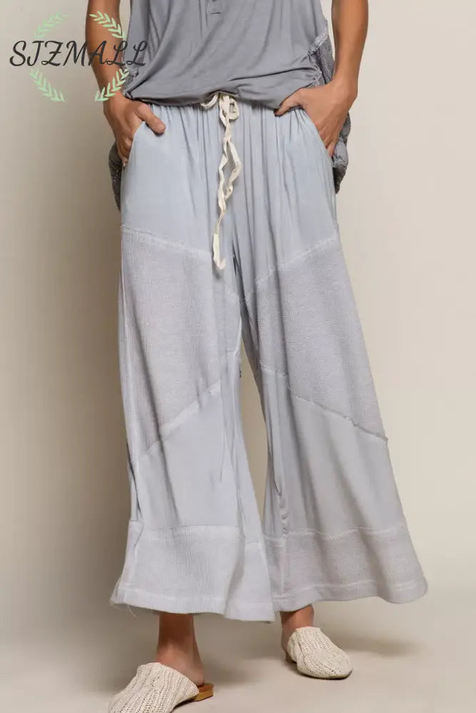 Elastic Waistband Wide Leg Pants with Drawstring - DOVE GREY / S/M