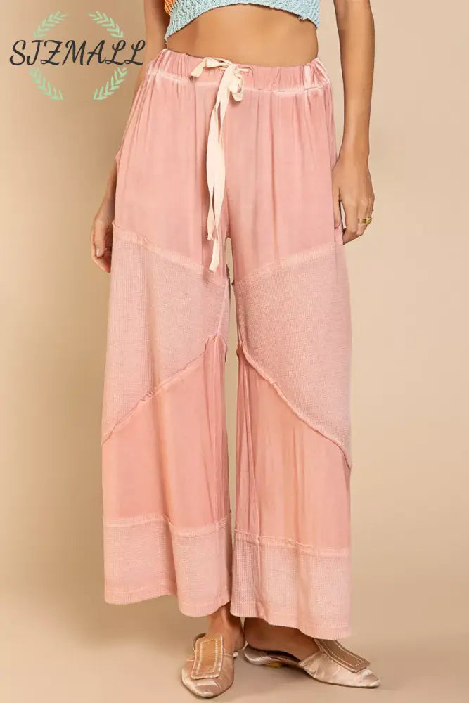 Elastic Waistband Wide Leg Pants with Drawstring - DREAMY ROSE / S/M