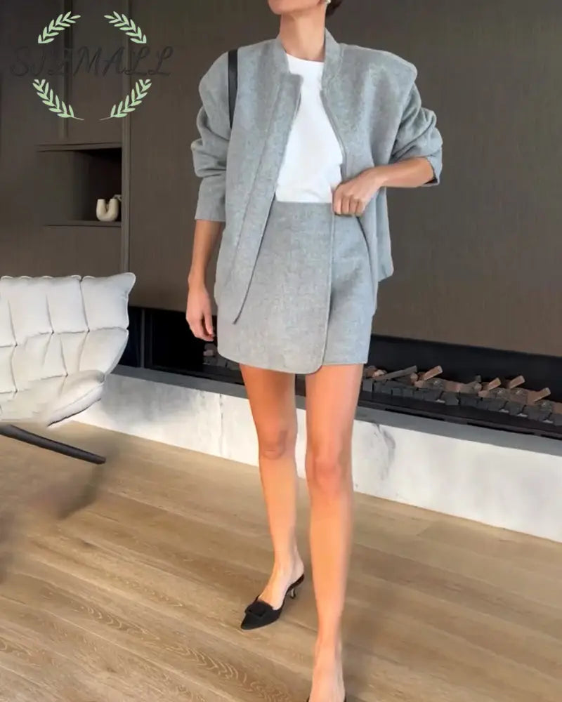 Fashion All-Match Jacket & Overskirt Two-Piece Set - Gray / XS