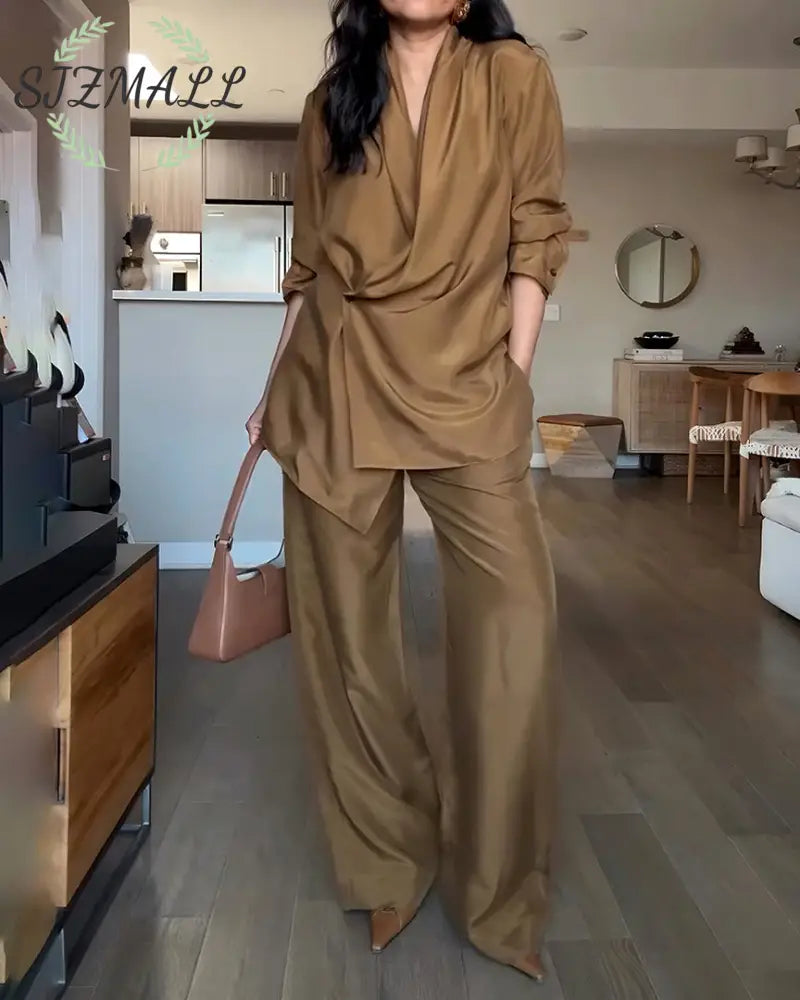 Fashionable Commuter Shirt & Pants Two-Piece Set