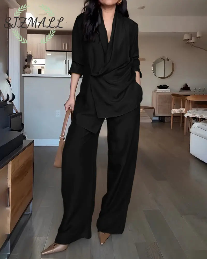 Fashionable Commuter Shirt & Pants Two-Piece Set - Black / S