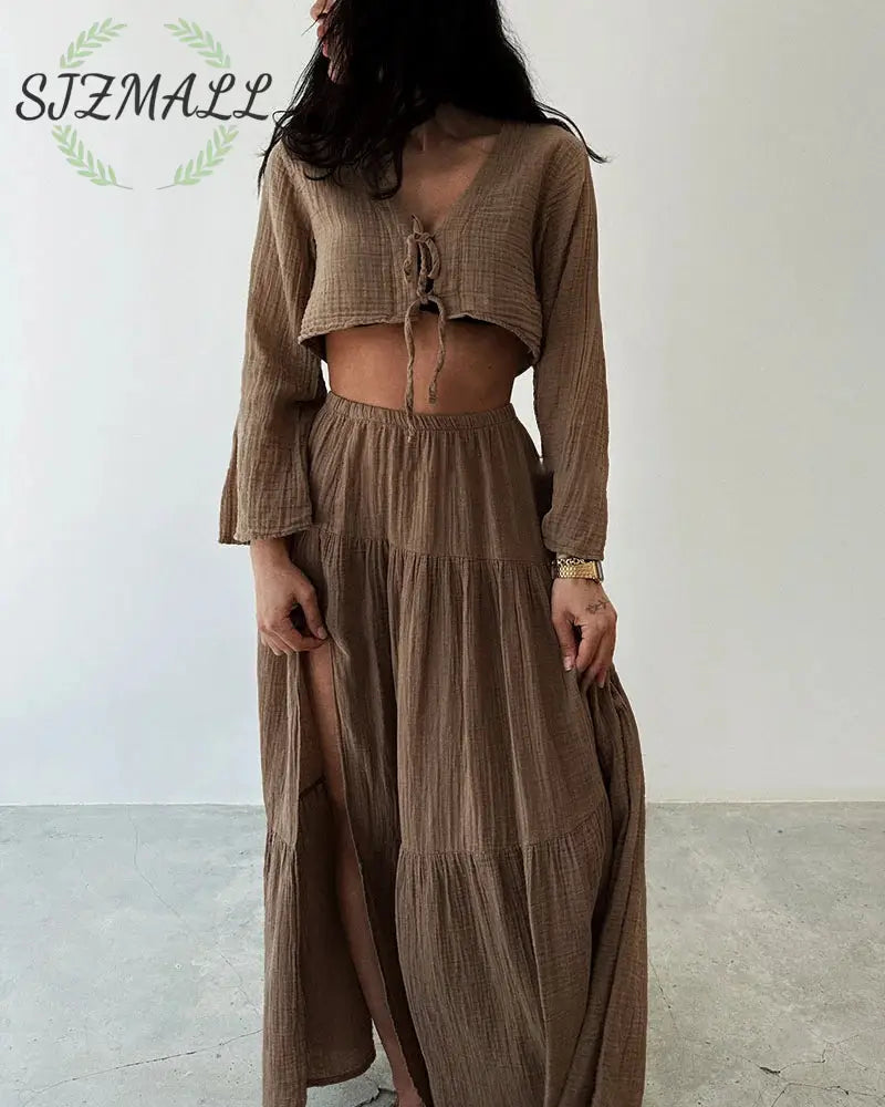 Fashionable lace-up slit cotton and linen two-piece set