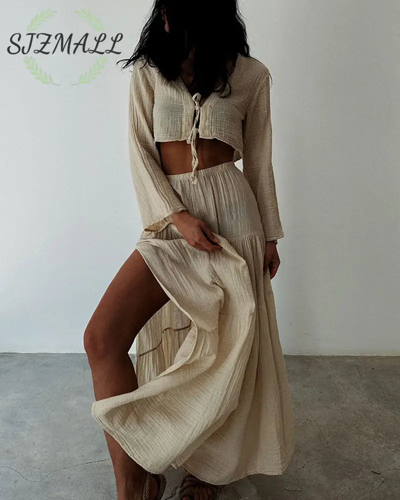 Fashionable lace-up slit cotton and linen two-piece set