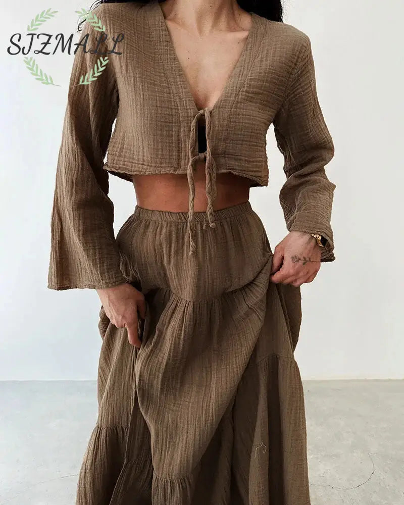 Fashionable lace-up slit cotton and linen two-piece set