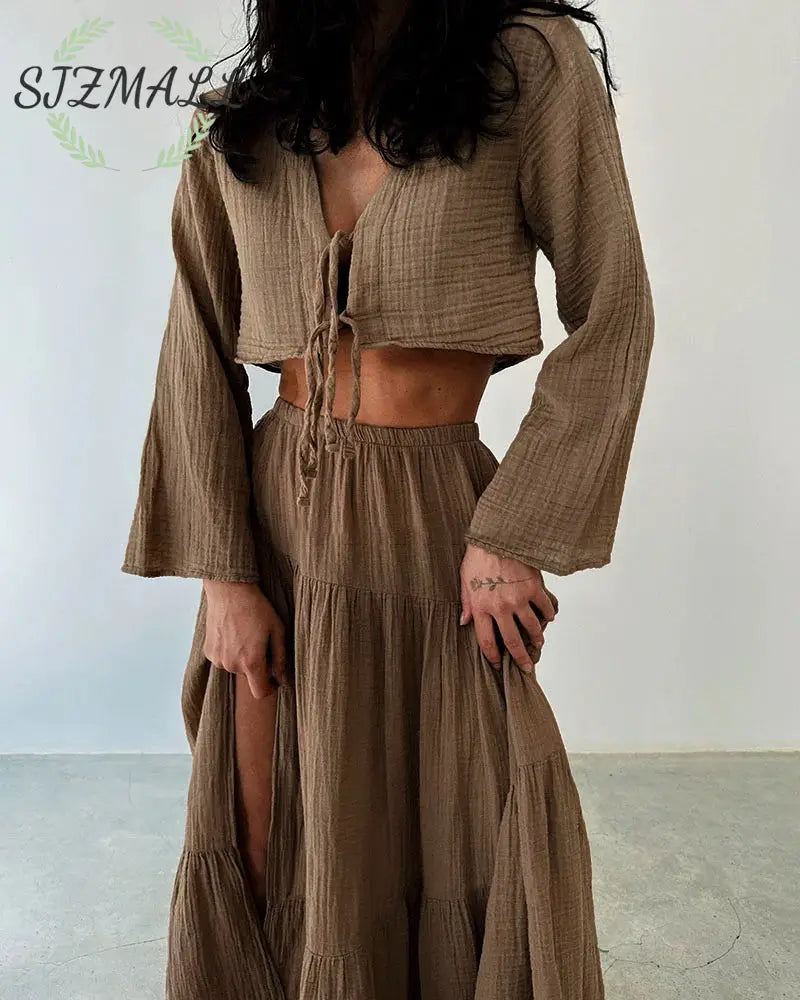 Fashionable lace-up slit cotton and linen two-piece set