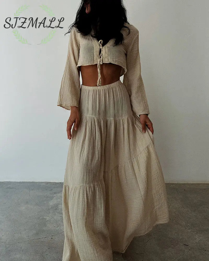 Fashionable lace-up slit cotton and linen two-piece set