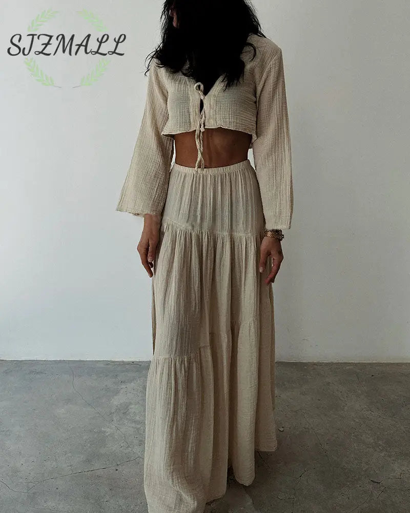 Fashionable lace-up slit cotton and linen two-piece set