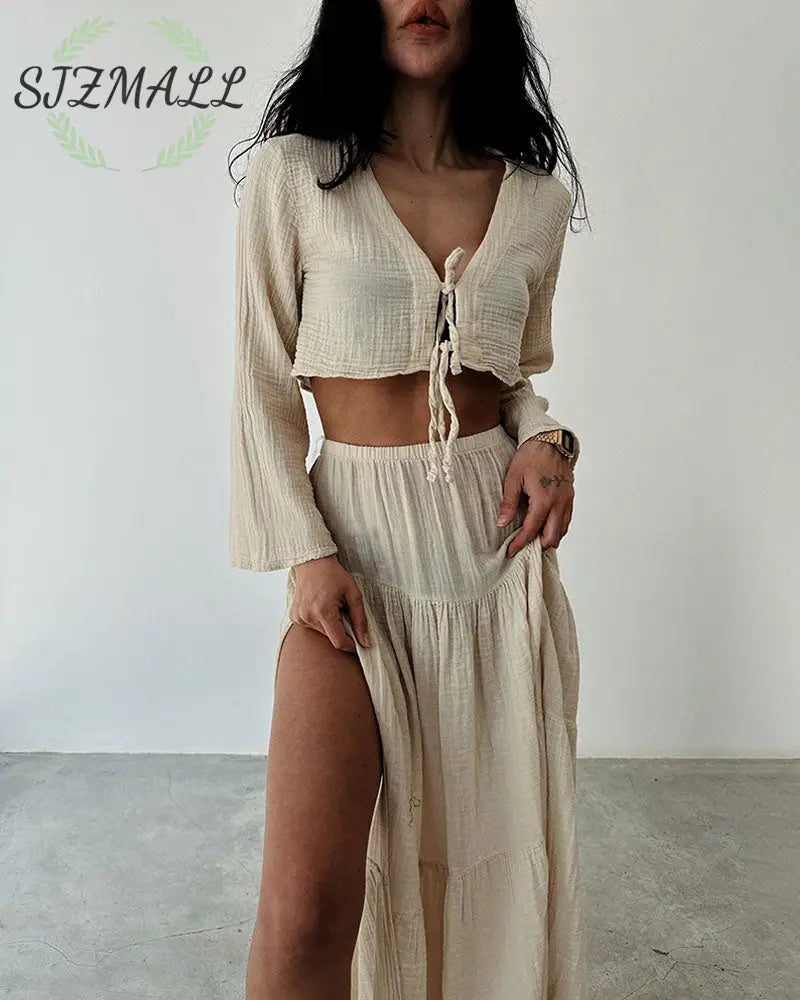 Fashionable lace-up slit cotton and linen two-piece set