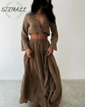 Fashionable lace-up slit cotton and linen two-piece set - Browm / S