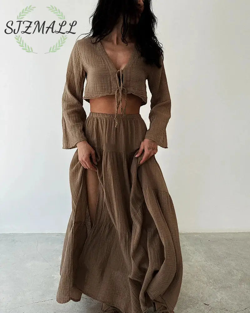 Fashionable lace-up slit cotton and linen two-piece set - Browm / S