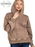 Fleece Acid Wash Kangaroo Pocket Hoodie - BROWN / S