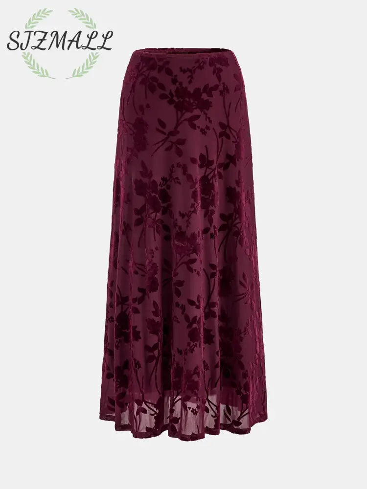 Floral Jacquard Mesh Maxi Skirt - Burgundy / XS
