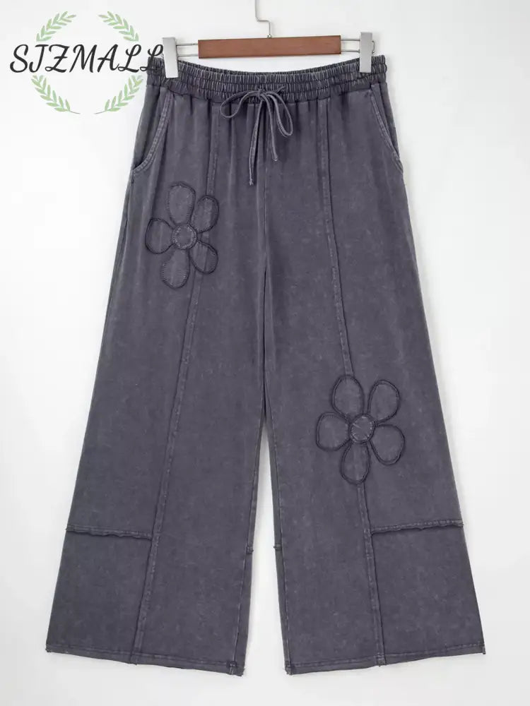 Flower Patch Mineral Washed Terry Knit Cropped Wide Leg Pants