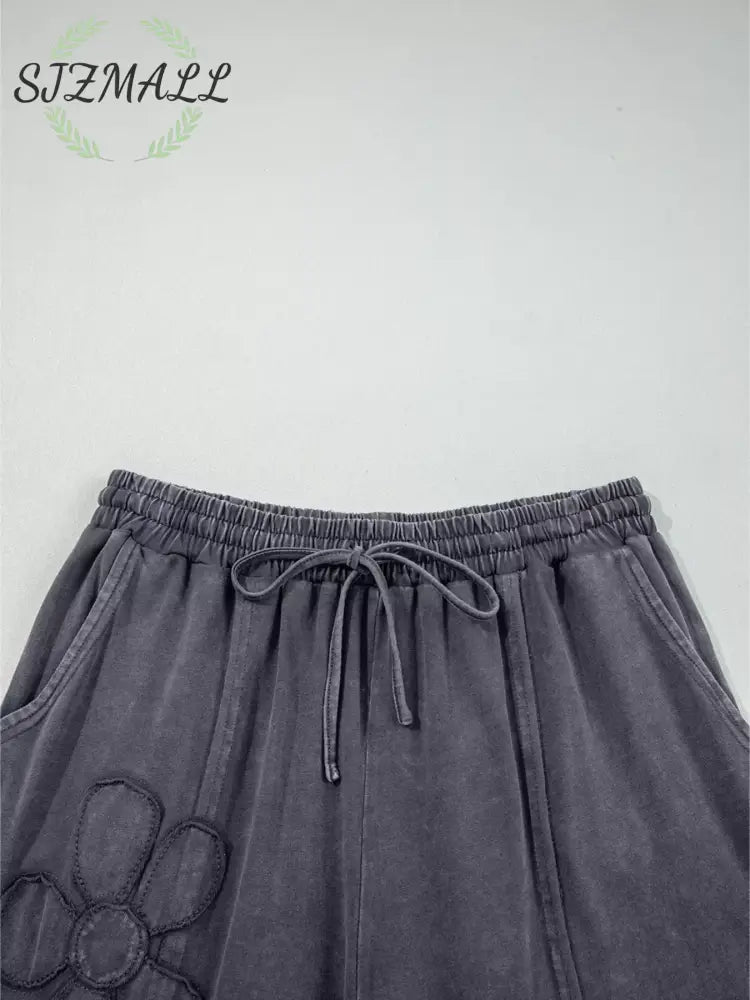 Flower Patch Mineral Washed Terry Knit Cropped Wide Leg Pants