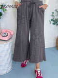 Flower Patch Mineral Washed Terry Knit Cropped Wide Leg Pants - Dark Gray / S