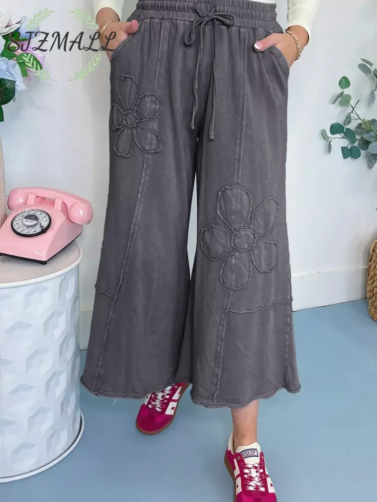 Flower Patch Mineral Washed Terry Knit Cropped Wide Leg Pants - Dark Gray / S