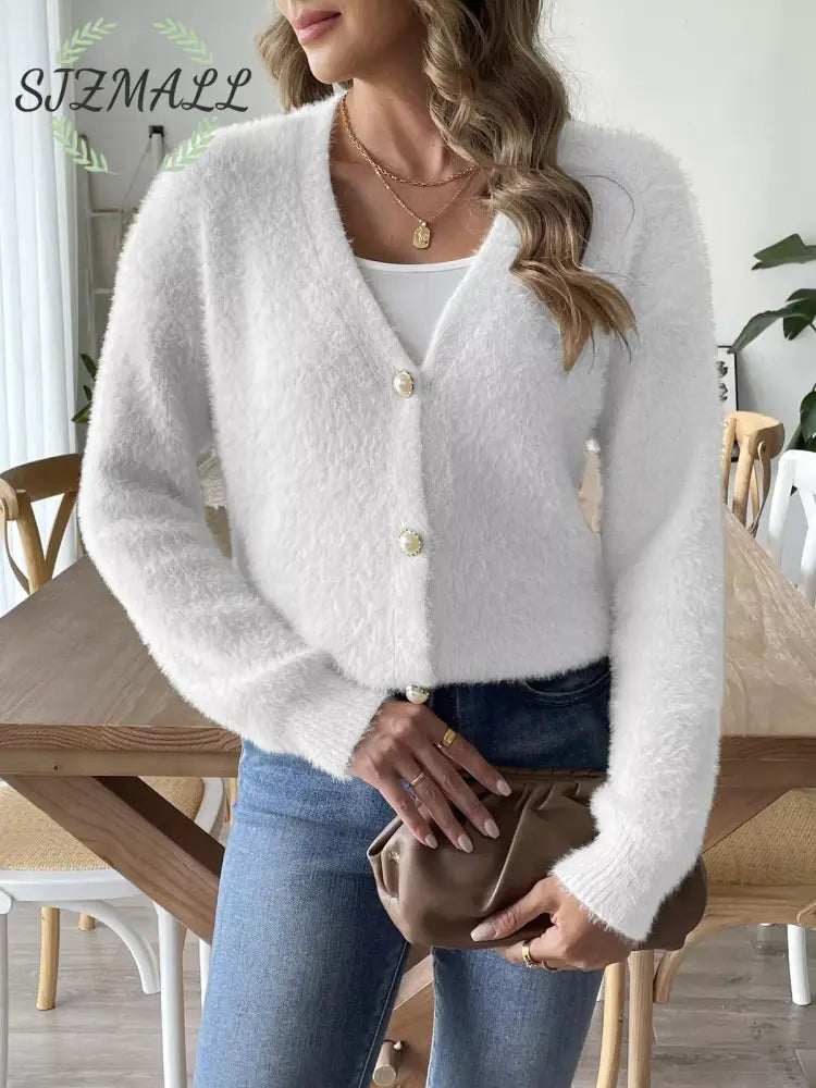 Fuzzy Knit V-Neck Cardigan