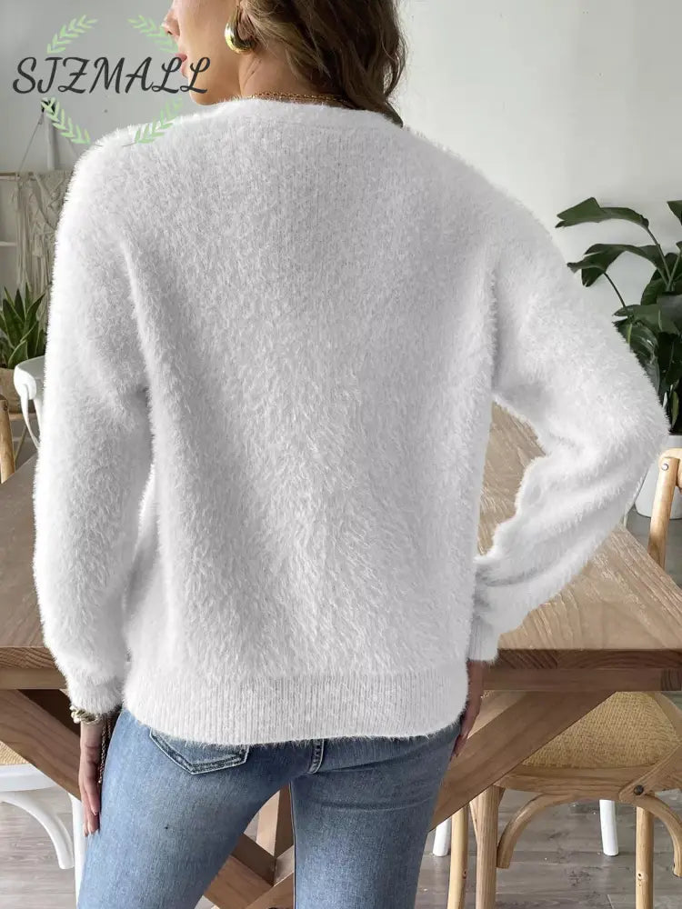 Fuzzy Knit V-Neck Cardigan