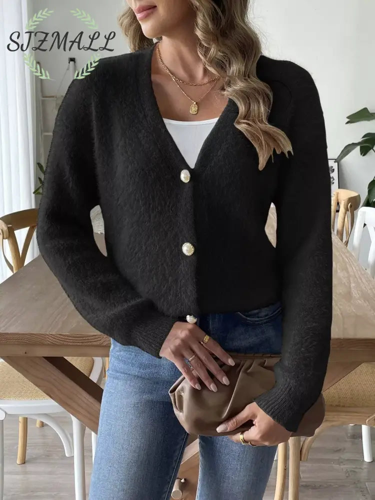 Fuzzy Knit V-Neck Cardigan