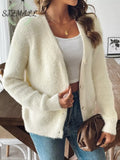 Fuzzy Knit V-Neck Cardigan - Cream / S