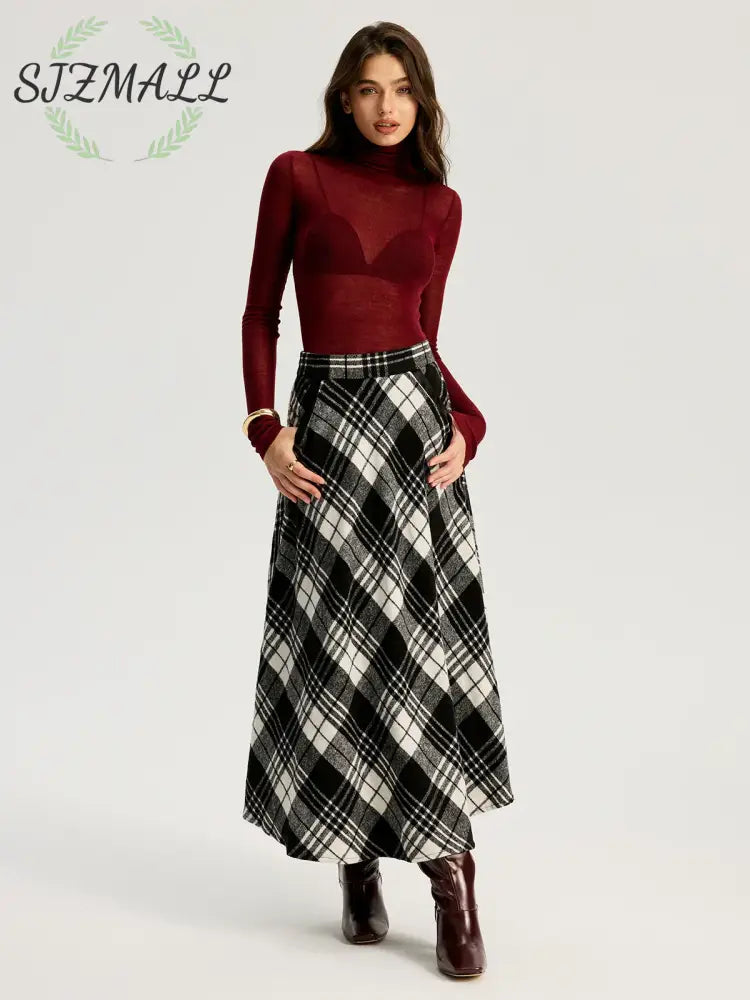 High Waist Line Flared Plaid Long Skirt