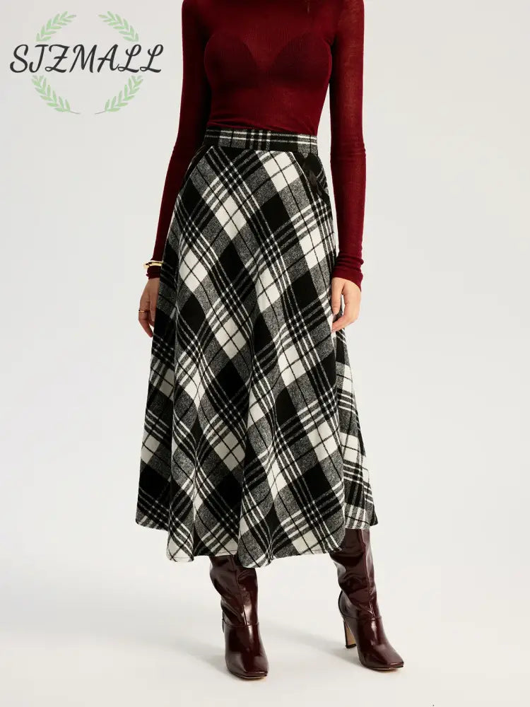 High Waist Line Flared Plaid Long Skirt