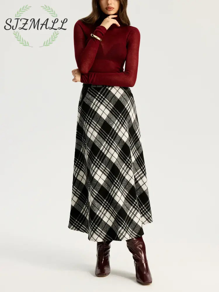 High Waist Line Flared Plaid Long Skirt