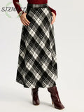High Waist Line Flared Plaid Long Skirt - BlackandWhite / XS