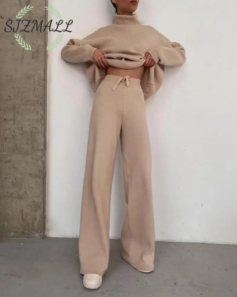 Knitted solid color loose casual suit - apricot / L