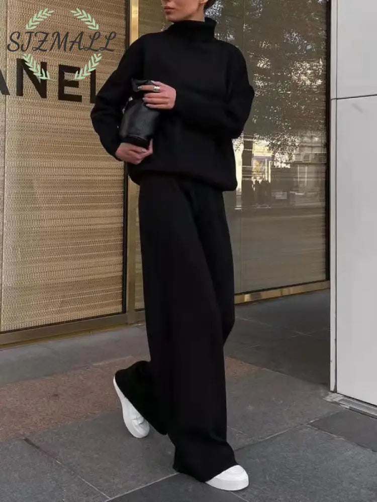 Knitted solid color loose casual suit - black / L