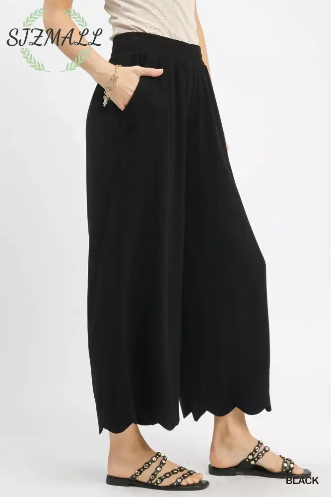 Linen Blend Scallop Hem Wide Leg Pants