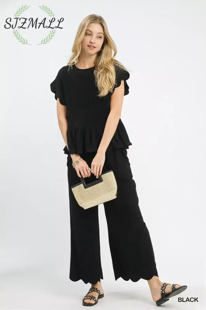 Linen Blend Scallop Hem Wide Leg Pants