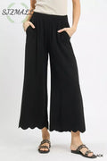 Linen Blend Scallop Hem Wide Leg Pants - Black / S