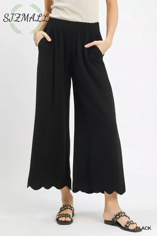 Linen Blend Scallop Hem Wide Leg Pants - Black / S