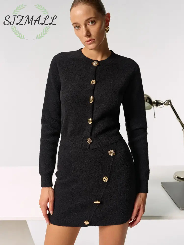 Metal Button Cardigan and Asymmetric Skirt Set