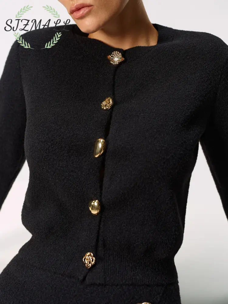 Metal Button Cardigan and Asymmetric Skirt Set