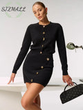 Metal Button Cardigan and Asymmetric Skirt Set - Black / XS