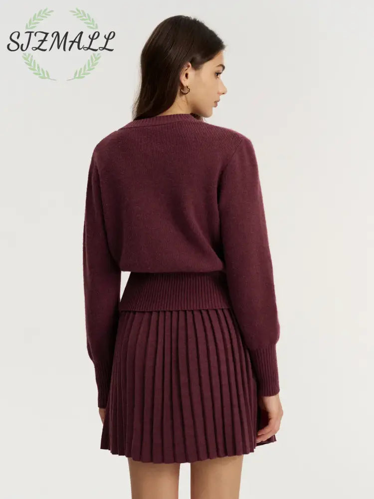 Metal Button Cardigan and Pleated Mini Skirt Set