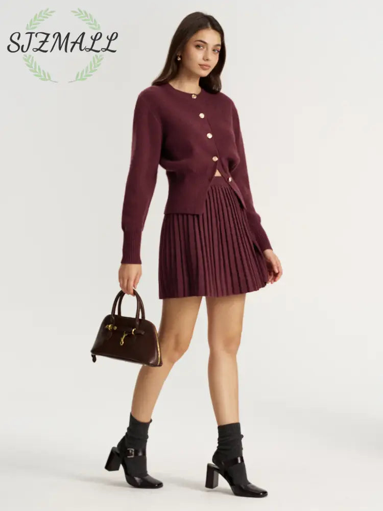 Metal Button Cardigan and Pleated Mini Skirt Set