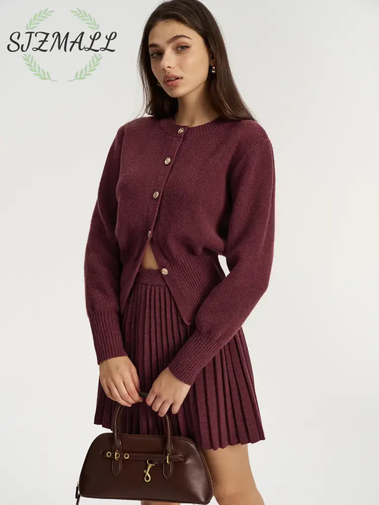 Metal Button Cardigan and Pleated Mini Skirt Set
