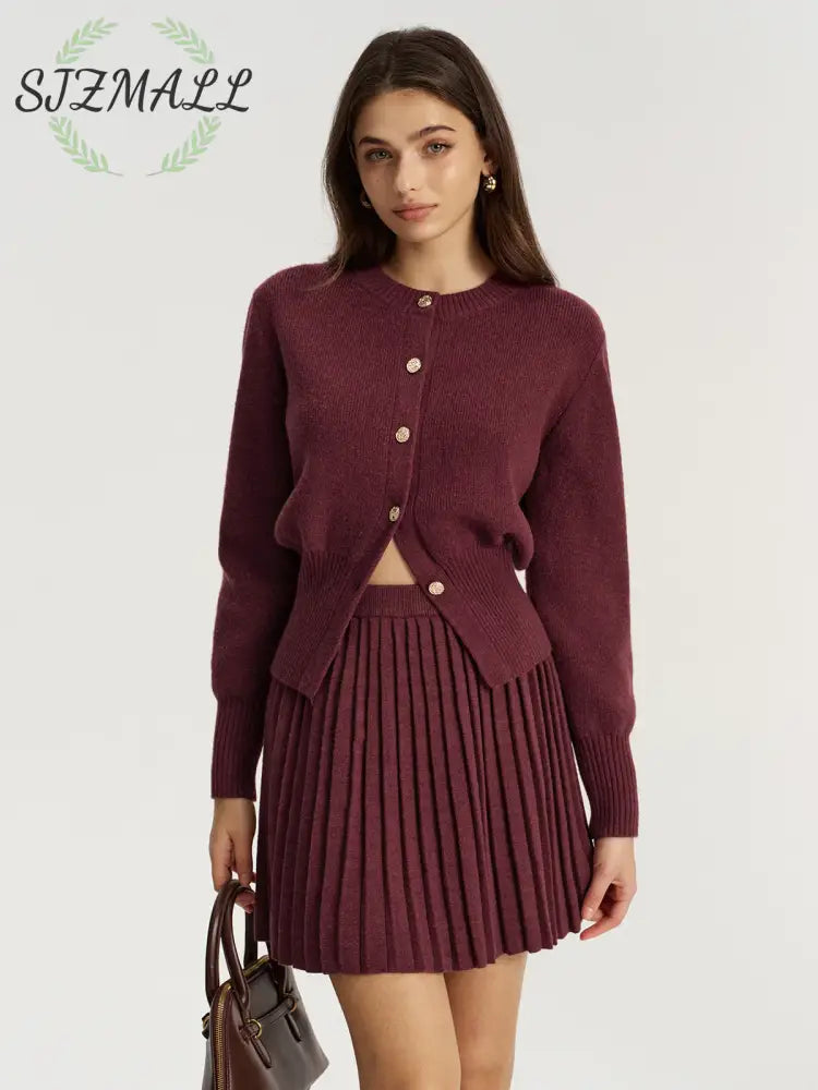 Metal Button Cardigan and Pleated Mini Skirt Set - Burgundy / XS