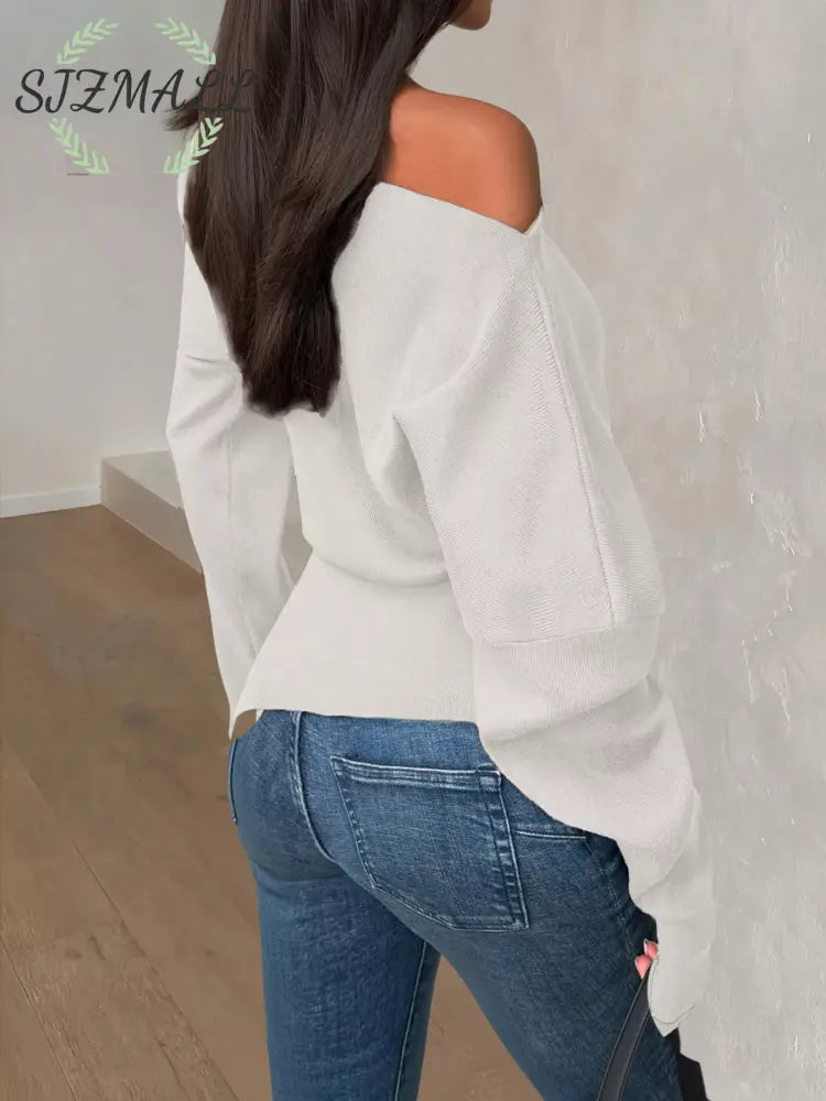 Off-Shoulder Ruched Long Sleeve Sweaer