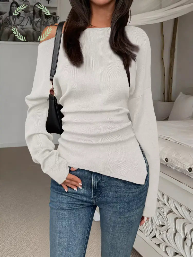 Off-Shoulder Ruched Long Sleeve Sweaer - Gray/white / S